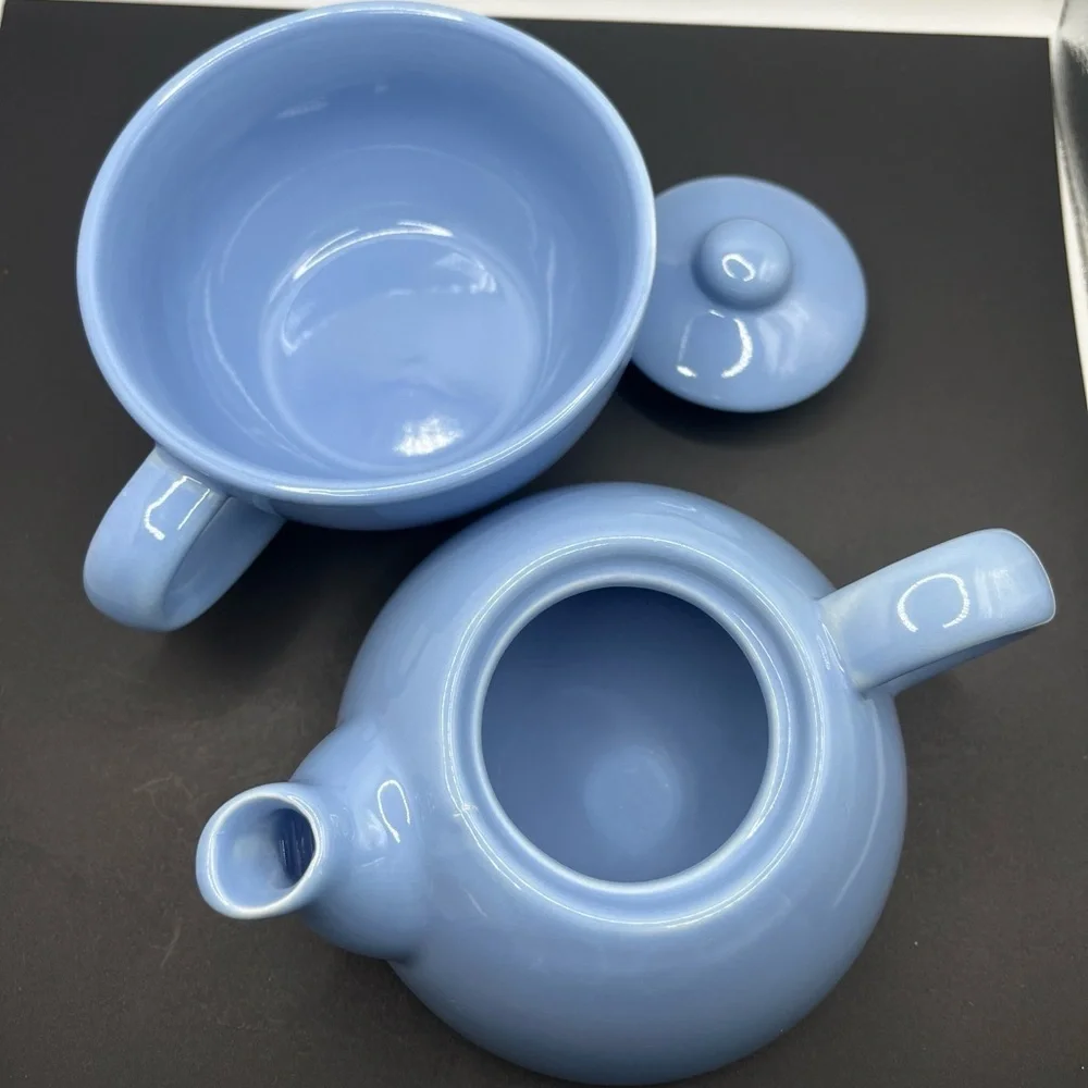 Pier 1 Blue Ceramic Stoneware Tea For One Stackable Teapot Excellent Condition